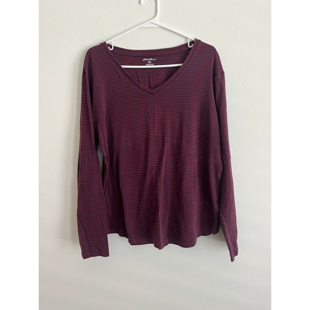 Eddie Bauer Womens XXL Burgundy Navy Blue Striped V-Neck Long Sleeve Shirt